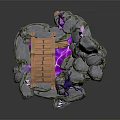 Cartoon Scene Featuring Wooden Bridge Gray Rocks Purple Twisted Plants And Pink Crystals