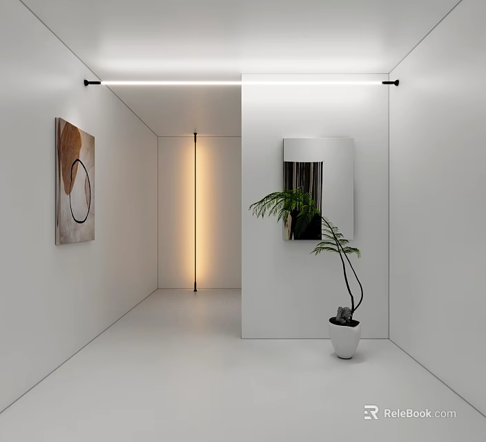 Stylish Decorative Lighting In Modern Minimalist Interior With White Walls Mirror Plant And Artwork 3d model 