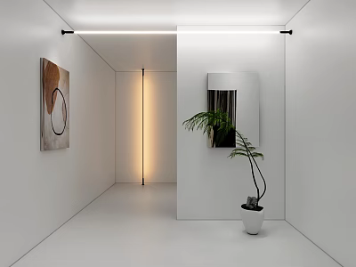 Stylish Decorative Lighting In Modern Minimalist Interior With White Walls Mirror Plant And Artwork 3d model