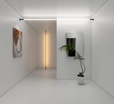 Stylish Decorative Lighting In Modern Minimalist Interior With White Walls Mirror Plant And Artwork 3d model