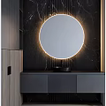 Modern Bathroom Vanity With Round Backlit Mirror And Marble Wall Design 3d model