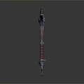 Ornate Fantasy Battle Axe With Red Handle And Silver Decorative Accents