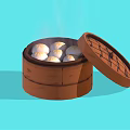 Bamboo Steamer With Open Lid And Fresh Steaming White Buns 3d model