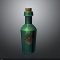 Green Decorative Glass Bottle With Wooden Cork Body Emblem And Red Accent As Household Item