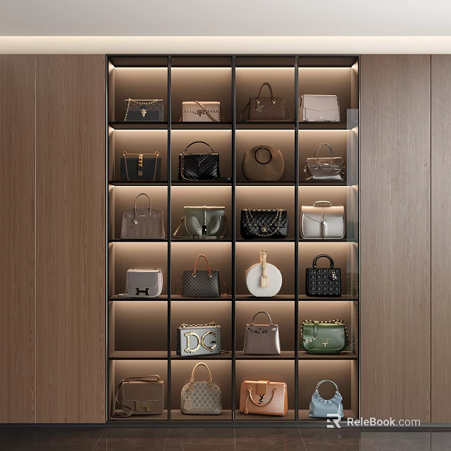 Elegant Luxury Bag Collection On Illuminated Display Shelf With Various Styles And Colors 3d model 