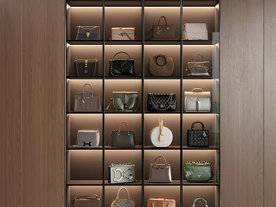 Elegant Luxury Bag Collection On Illuminated Display Shelf With Various Styles And Colors 3d model
