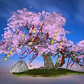 Enchanting Landscape Sculpture With Purple Tree Lanterns Ribbons And Water Reflection