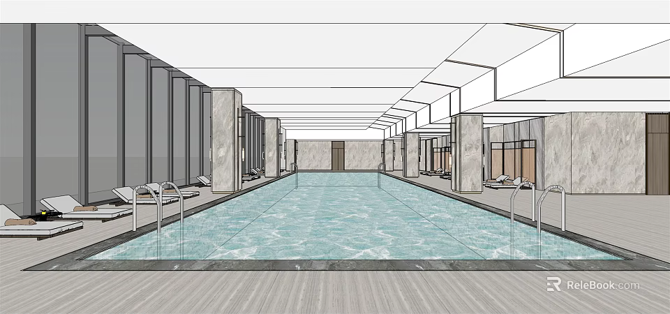 Indoor Swimming Pool With Clear Water Modern Ceiling Design Marble Columns And Loungers 3d model 
