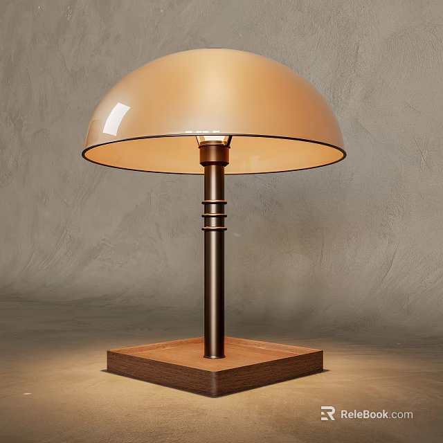 Warm Light Beige Dome Shade Table Lamp with Dark Metal Stand and Wooden Base 3d model 