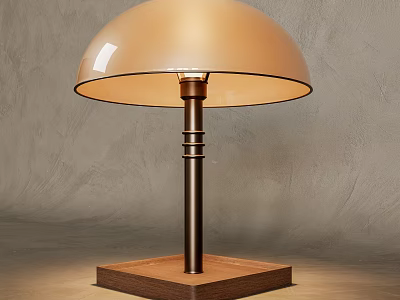 Warm Light Beige Dome Shade Table Lamp with Dark Metal Stand and Wooden Base 3d model