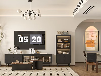 Modern Cozy Living And Dining Room With Dark Wood Furniture And Soft Warm Indoor Lighting 3d model