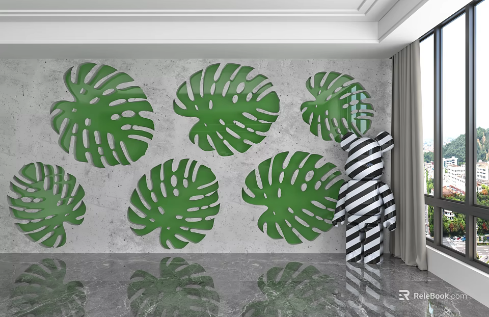 Gray Background Wall With Green Monstera Leaves Arranged In Modern Decorative Design 3d model 