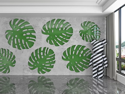 Gray Background Wall With Green Monstera Leaves Arranged In Modern Decorative Design 3d model