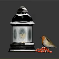 Vintage Lit Lantern With Glass Panes And Flying Bird Near Red Berries On Dark Background