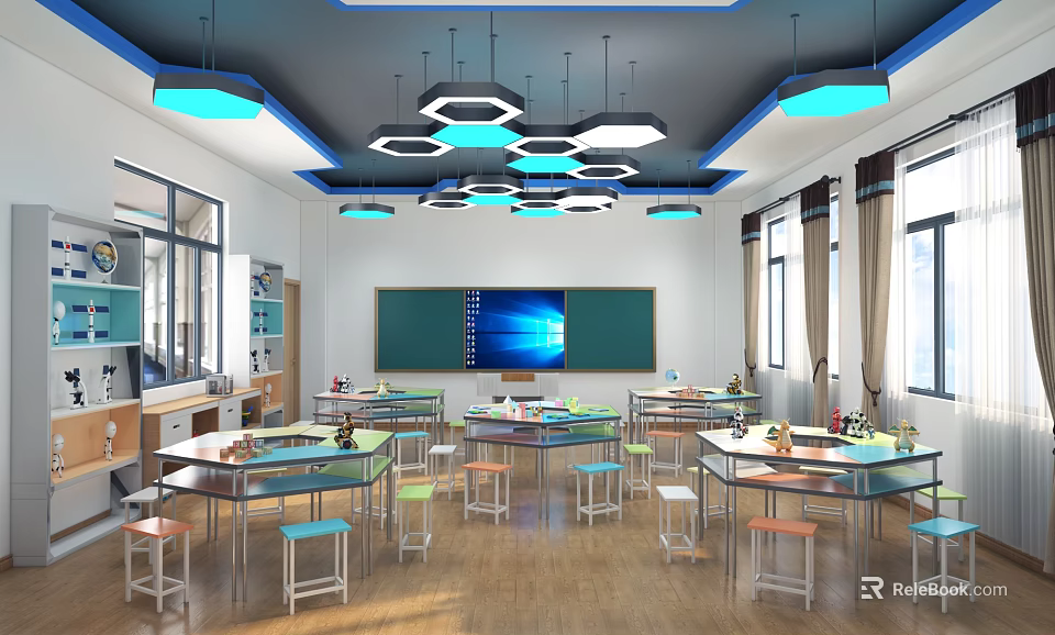 School Classroom Interior With Hexagonal Pendant Lights Green Blackboard Blue Screen And Colorful Desks 3d model 