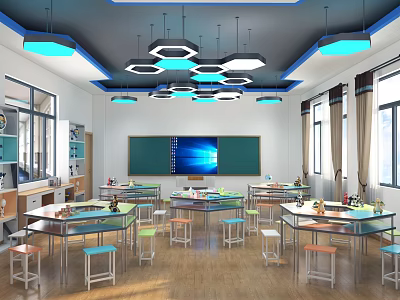 School Classroom Interior With Hexagonal Pendant Lights Green Blackboard Blue Screen And Colorful Desks 3d model