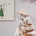 Elegant Beige Dress Fashion Style With Hat Handbag And Floral Glass Brick Wall Decor