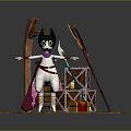 Cartoon Cat Sitting On Wooden Raft With Crates Arrow Candle And Package