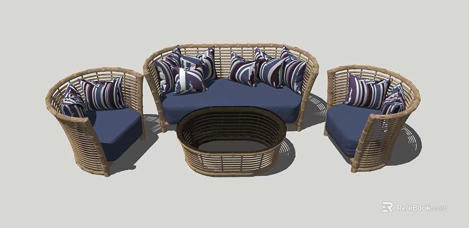 Outdoor Wicker Sofa Set With Blue Cushions Striped Pillows And Round Coffee Table 3d model