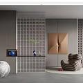 Modern Interior With Grid Glass Partition Striped Armchair Abstract Artwork Shelf And Moon Model