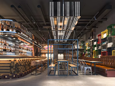 Industrial Style Bar Interior Design With Wine Racks Bar Counter Seating And Pendant Lights 3d model