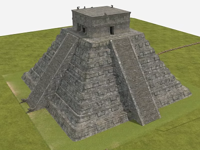 Ancient Stone Pyramid Structure With Tiered Steps And Top Chamber In Grass Field 3d model