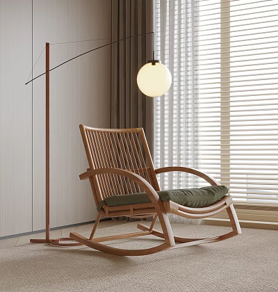 Comfortable Wooden Rocking Chair With Green Cushion In Modern Interior With Floor Lamp And Blinds 3d model