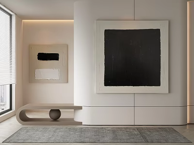 Modern Minimalist Interior With White Walls Abstract Paintings Curved Bench And Gray Rug 3d model