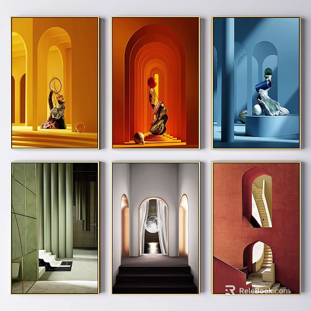 Colorful Modern Decorative Paintings With Archways Stairs And Sculptural Elements 3d model 