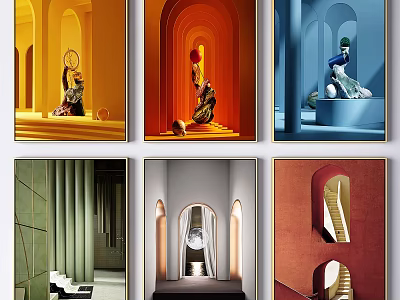 Colorful Modern Decorative Paintings With Archways Stairs And Sculptural Elements 3d model