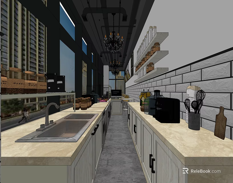 Bubble Tea Shop Open Preparation Area With Long Counter Sink Cabinets Decorative Shelves And Chandelier 3d model 