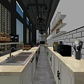 Bubble Tea Shop Open Preparation Area With Long Counter Sink Cabinets Decorative Shelves And Chandelier