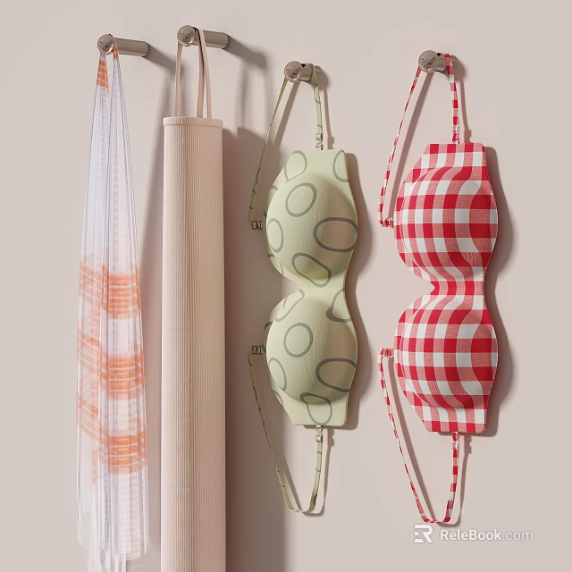 Fashionable Hanging Clothes With Light Green Polka Dots Red White Checkered And Orange Striped Styles 3d model 