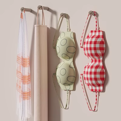 Fashionable Hanging Clothes With Light Green Polka Dots Red White Checkered And Orange Striped Styles 3d model