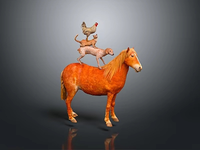 Colorful Stacked Animals Arrangement On Horseback Including Chicken Dog And Sheep 3d model