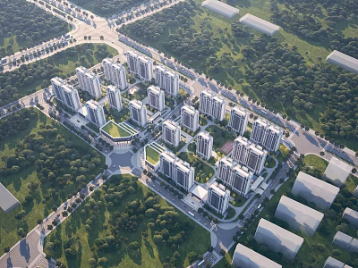 Aerial View Of Well Planned Residential Buildings Surrounded By Green Spaces And Roads 3d model