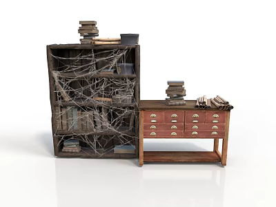 Old Wooden Bookshelf With Spider Webs And Stacked Books Next To Drawer Cabinet 3d model