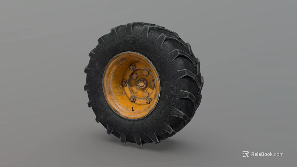 Black Off Road Tire With Yellow Rim And Heavy Duty Tread Pattern 3d model 