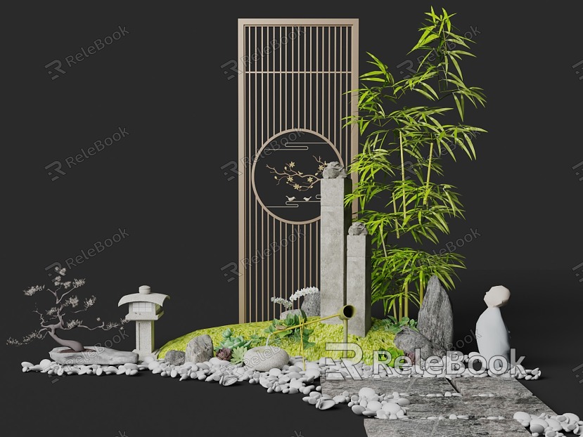 New Chinese-style Zen landscape sketch rockery stone partition bamboo combination Japanese-style stone lamp Zen model