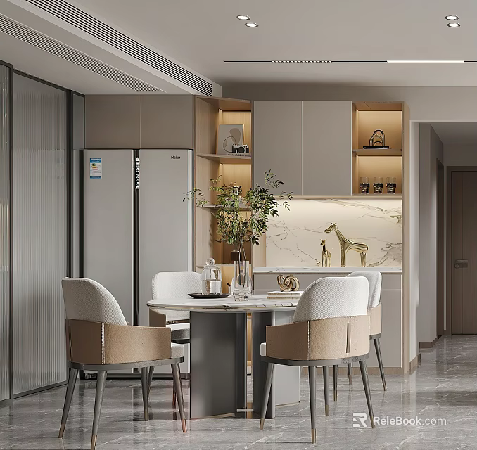 Modern Restaurant Interior With Dining Table Chairs Marble Backsplash And Decorative Plants 3d model 