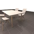 White Square Dining Table Set With Four White Chairs And Gray Tile Floor 3d model