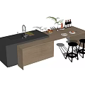 Modern Bar Counter With Wooden Top Black Sink Fruits Wine Bottles Potted Plant And Stools