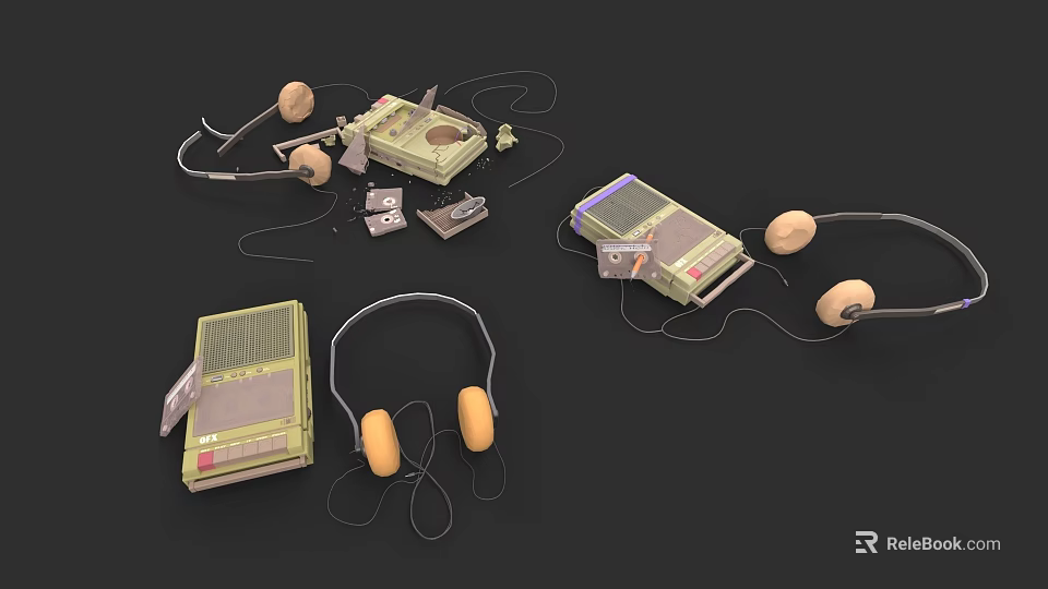 Vintage Electronic Appliances Collection Featuring Radio Headphones And Cassette Tapes 3d model 