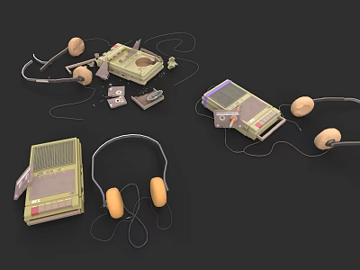 Vintage Electronic Appliances Collection Featuring Radio Headphones And Cassette Tapes 3d model
