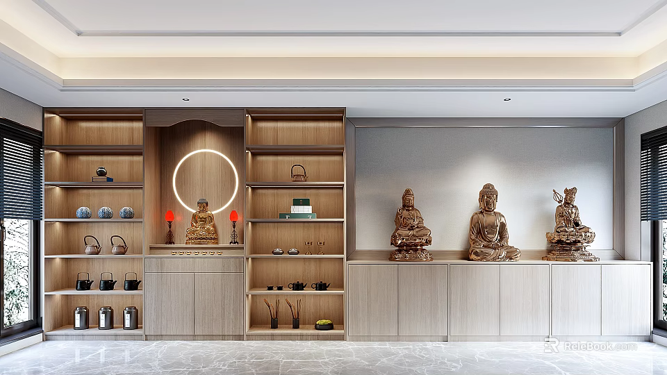 Buddhist Sculpture Carvings Displayed In Indoor Setting With Wooden Shelves And Tea Sets 3d model 