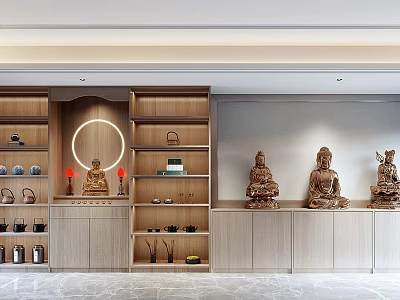 Buddhist Sculpture Carvings Displayed In Indoor Setting With Wooden Shelves And Tea Sets 3d model
