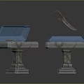 Mystical Floating Sword Above Blue Container and Opened Case on Stone Pedestals