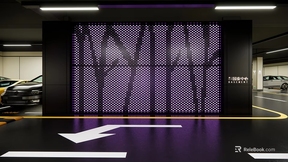 Perforated Purple Feature Wall Design In Modern Parking Garage With Directional Floor Arrows 3d model 