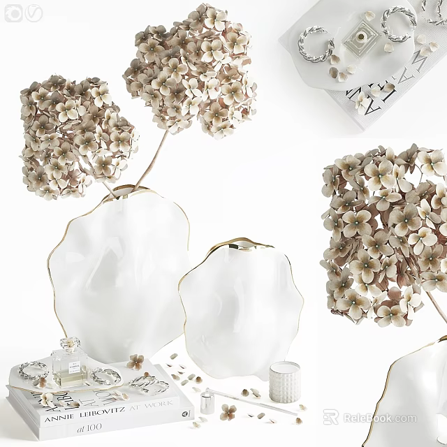 Ornamental Decor Set For Home Interior With White Gold Rim Vases And Beige Flowers 3d model 