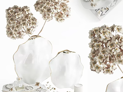 Ornamental Decor Set For Home Interior With White Gold Rim Vases And Beige Flowers 3d model